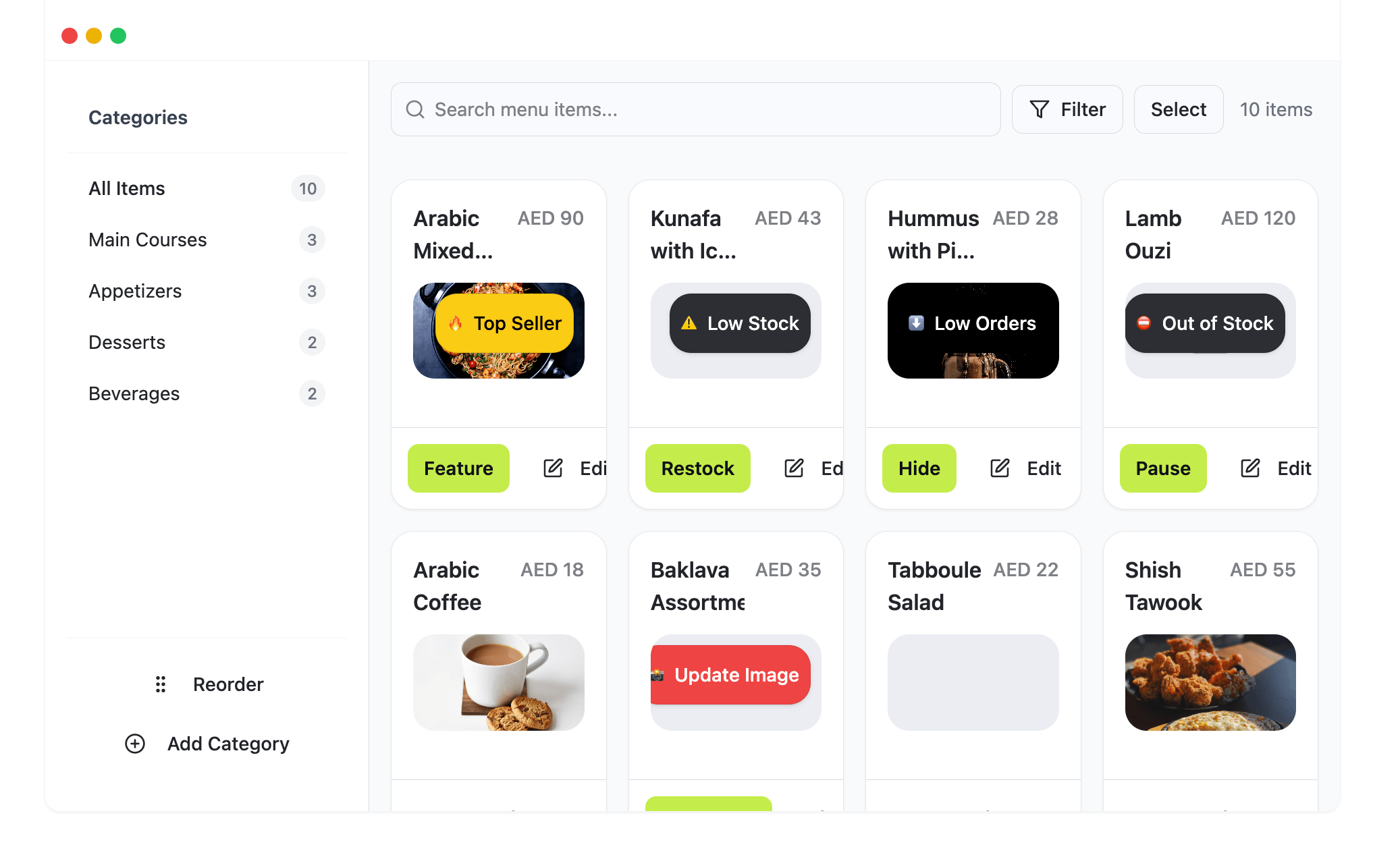 Preview of the Tasti admin menu interface
